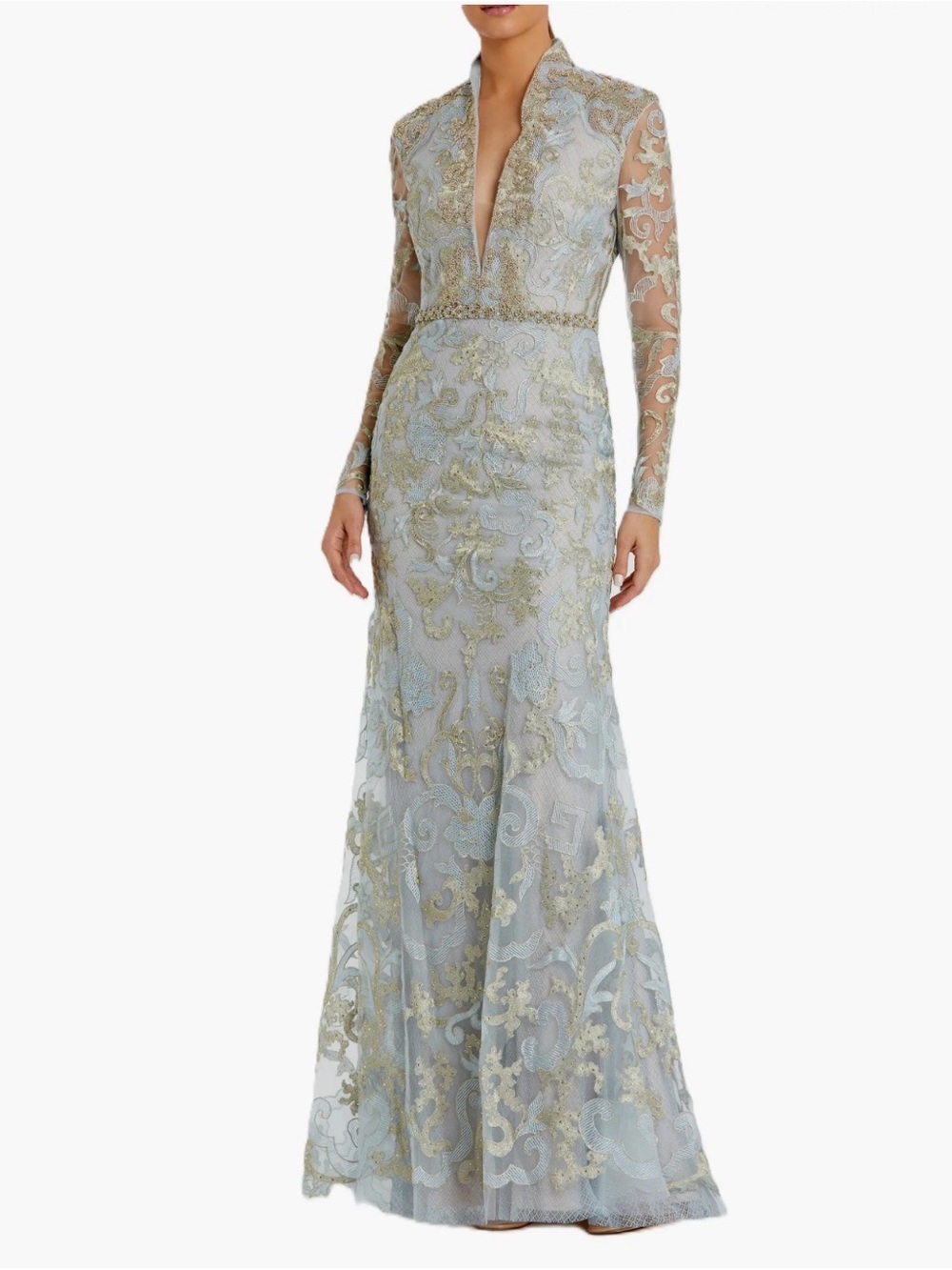 Mac Duggal Size 10 Long Sleeve Applique V-Neck Gown Light Blue